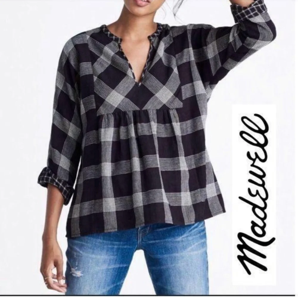 Madewell Boheme Popover Top Hayden Plaid Black White Size XXS - Picture 1 of 9